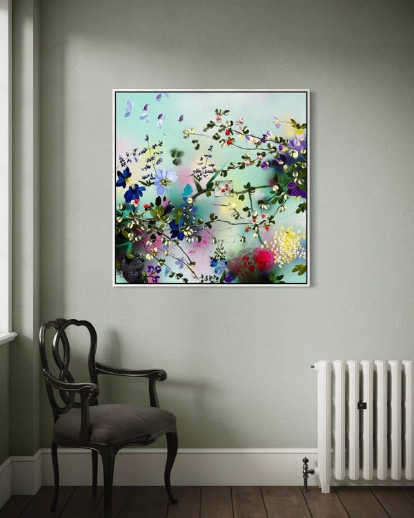 Fragmented Bloom - conceptual floral art, 100 × 100 × 2 cm (39.4 × 39.4 × 0.8 inches).