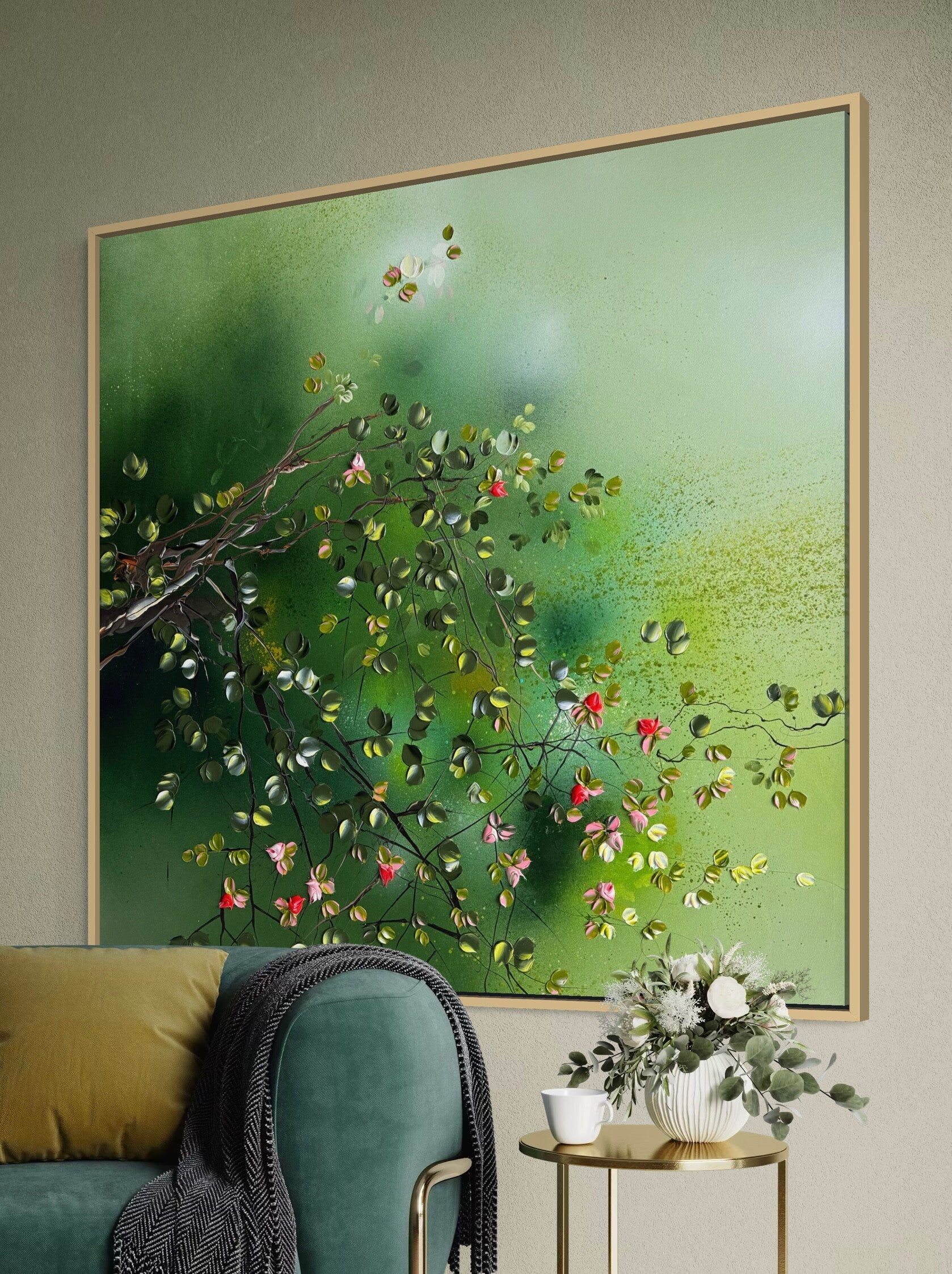 “Green Canopy” - Green Canopy – Large Contemporary Green Floral Painting, 100 × 100 × 2 cm (39.4 × 39.4 × 0.8 inches)