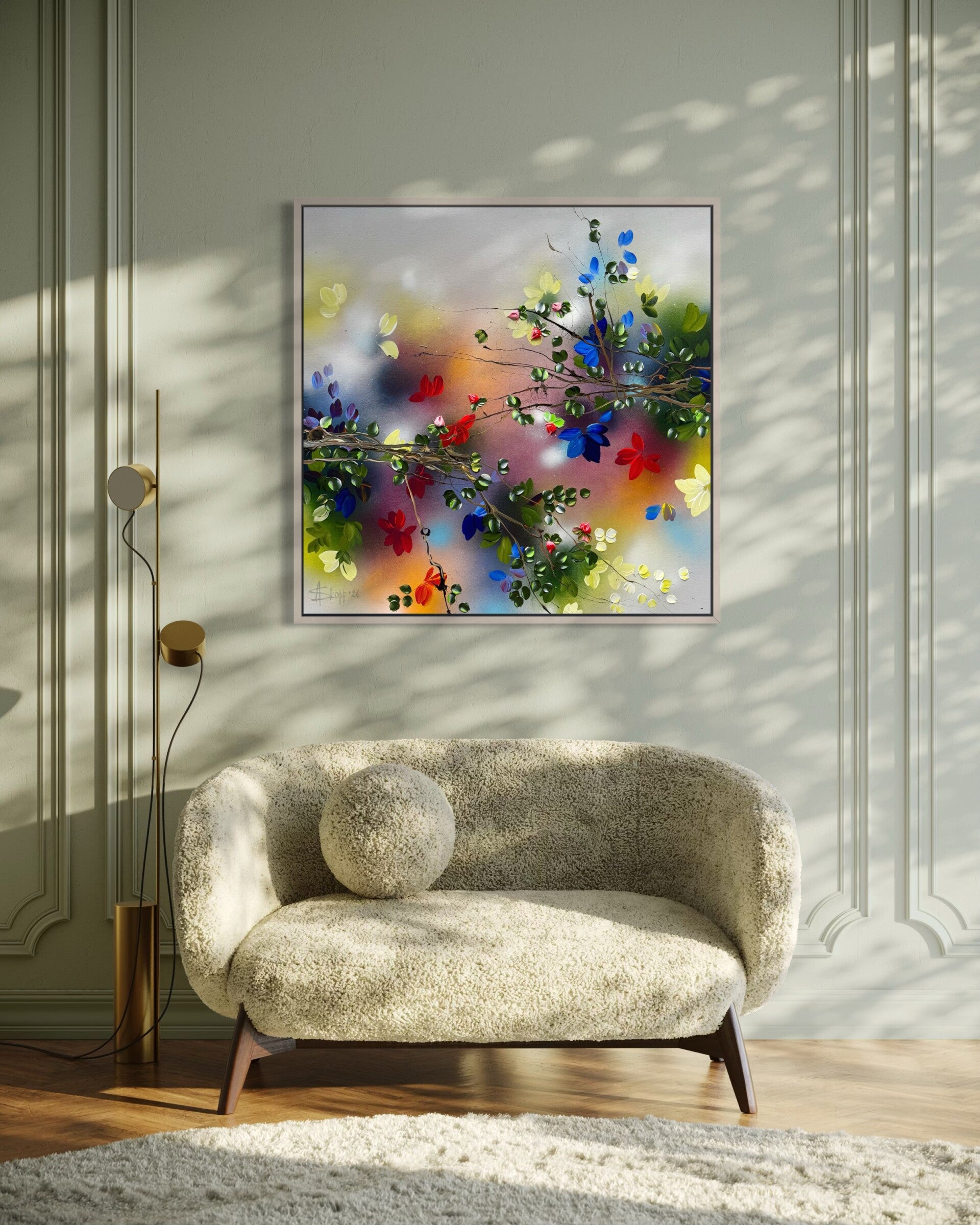 Between Light and Bloom - Original mixed media on cotton canvas 90 × 90 × 2 cm