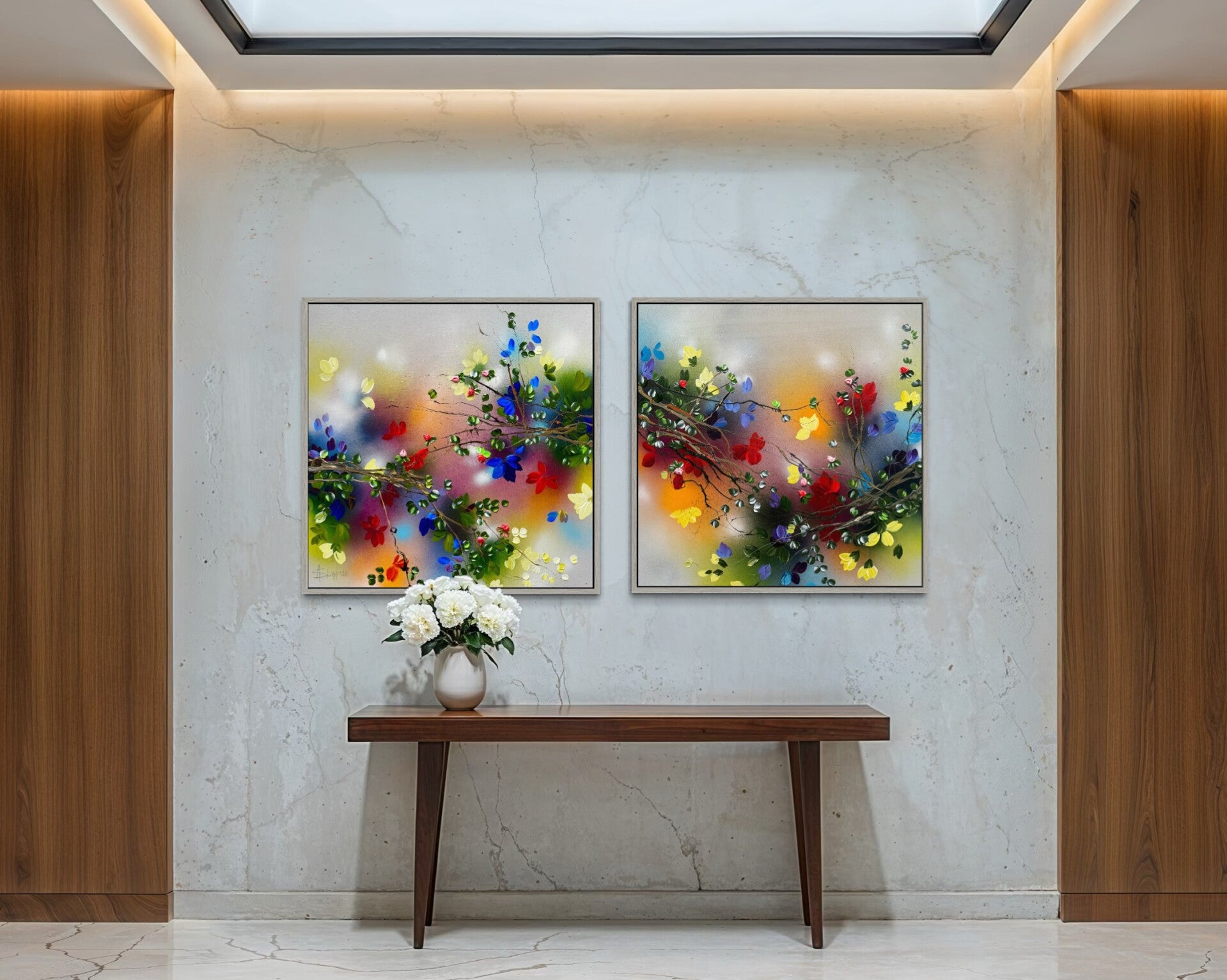 Between Light and Bloom – Diptych Original Contemporary Floral Painting Cotton Canvas 90 × 180 × 2 cm (35.4 × 70.9 × 0.8 in)