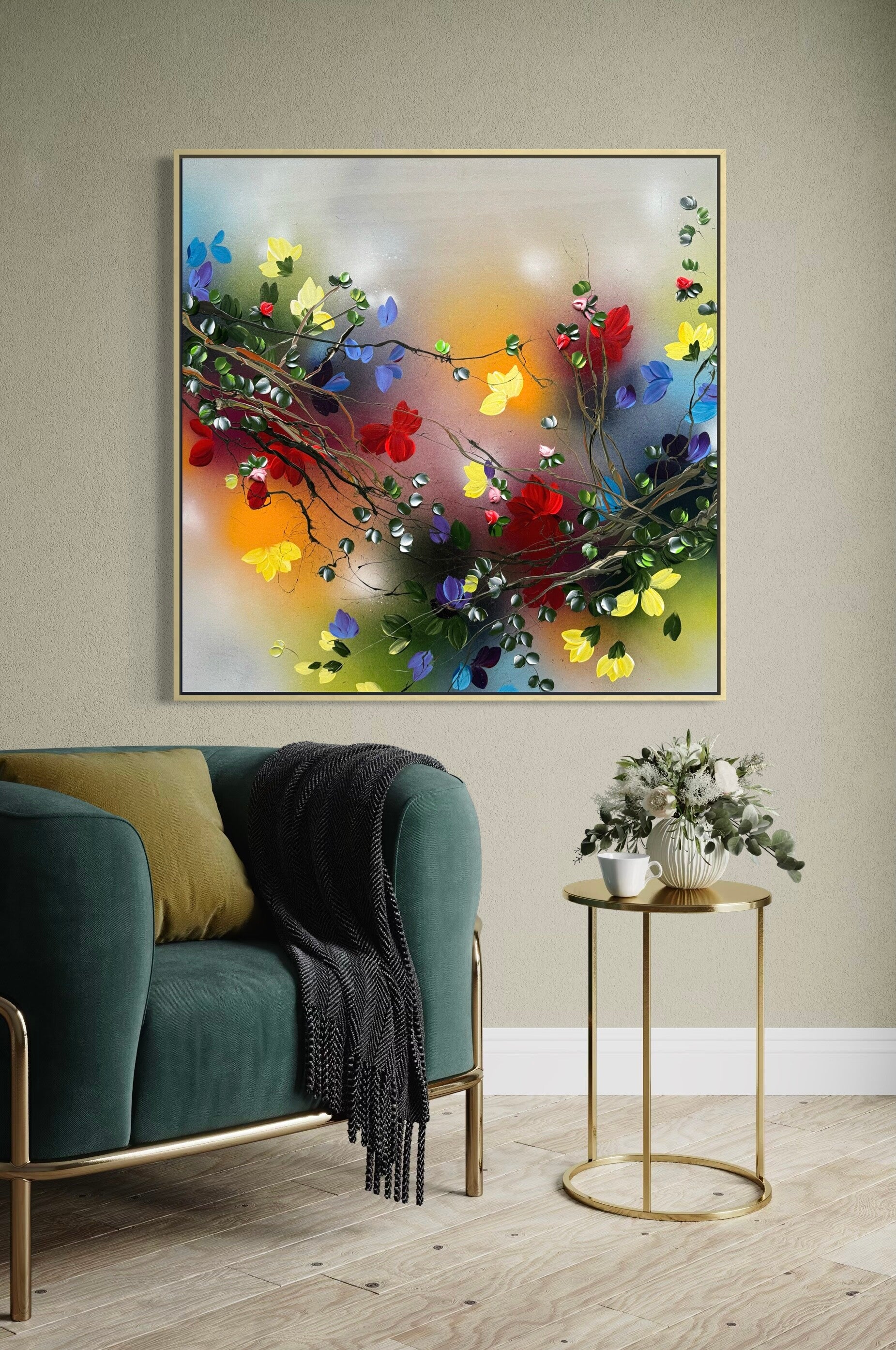 Between Light and Bloom II - Original mixed media on cotton canvas 90 × 90 × 2 cm