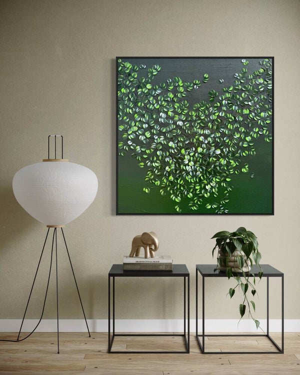 Emerald Calm — Textured Contemporary Botanical Painting, 90 × 90 × 2 cm / 35.4 × 35.4 × 0.8 inches