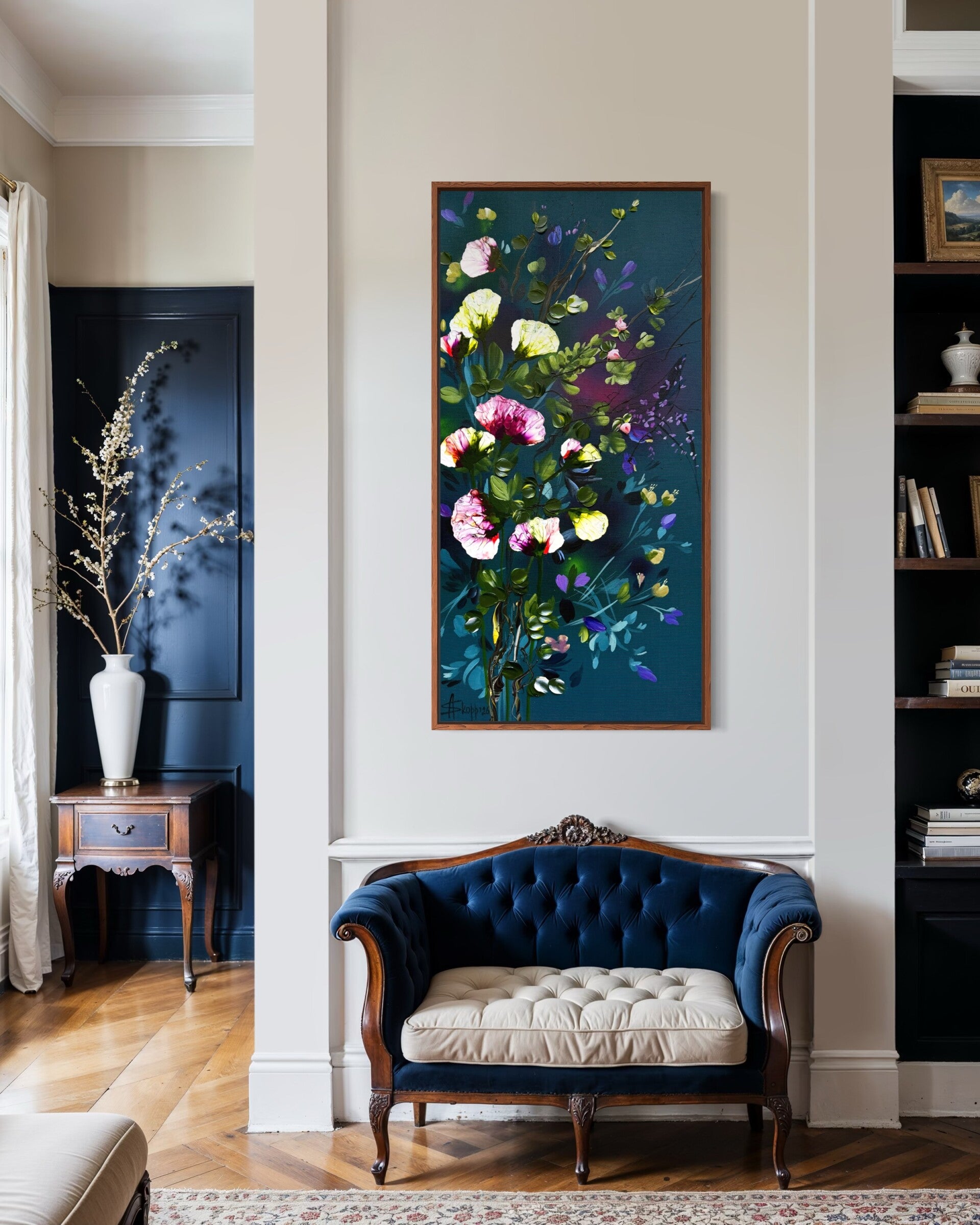 Evening Blossoms - contemporary floral painting on linen, 100 × 50 × 2 cm (39.4 × 19.7 × 0.8 inches)