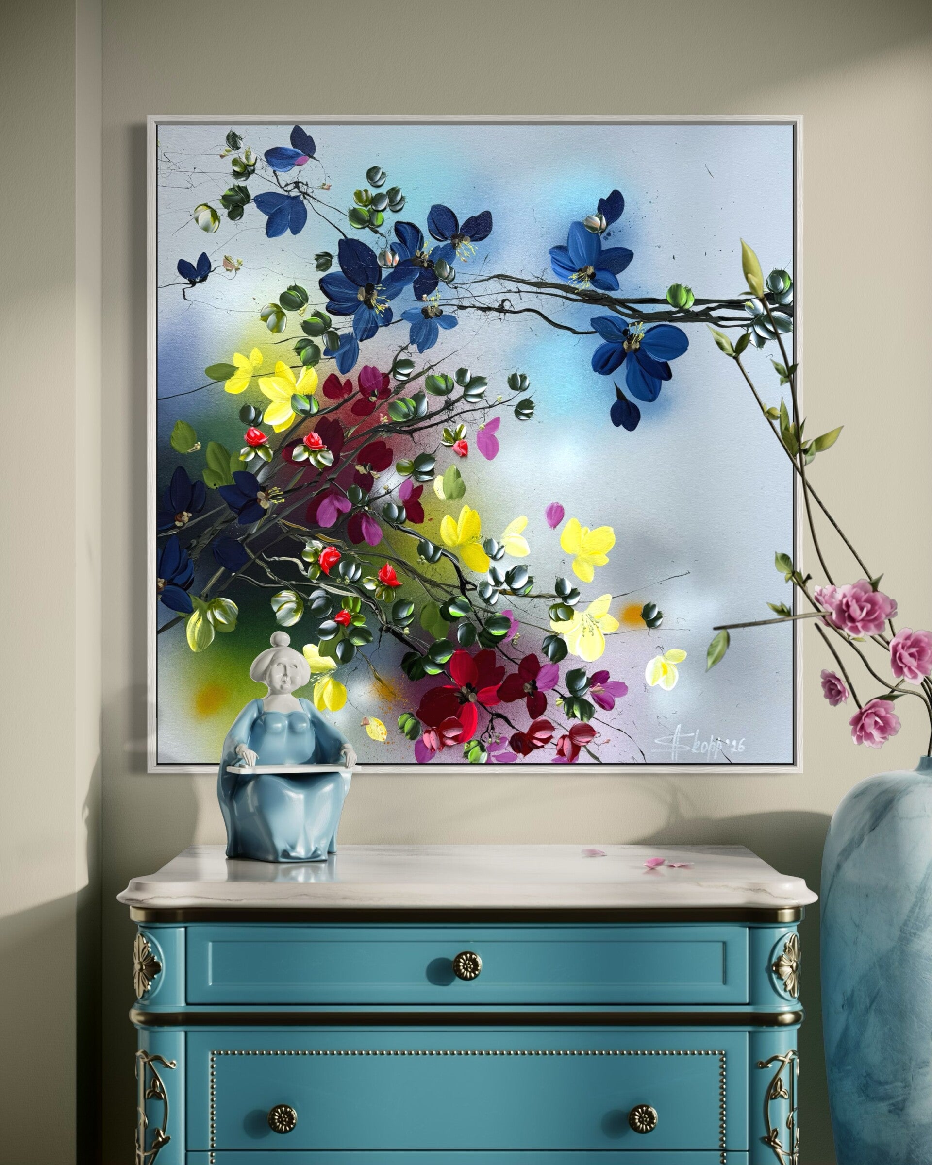 Blooming Current - floral energy of a garden in motion, 80 × 80 × 2 cm (31.5 × 31.5 × 0.8 inches)
