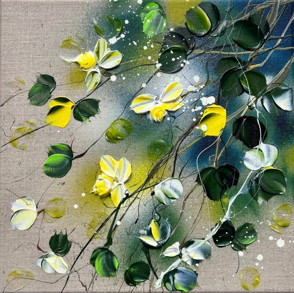 Yellow Roses - textured art on linen canvas, 30x30x4 cm