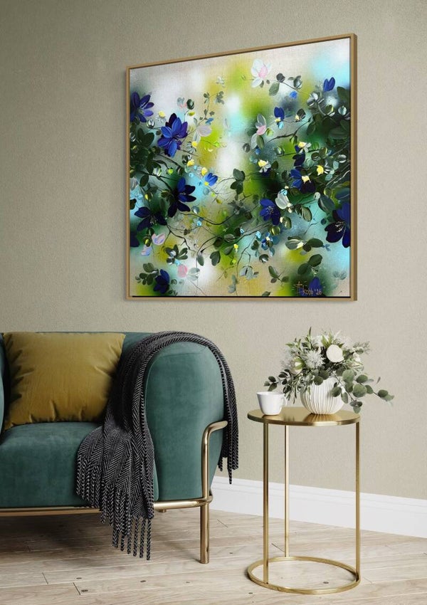 Garden of Light - contemporary floral painting on linen,80 × 80 × 2 cm (31.5 × 31.5 × 0.8 inches)