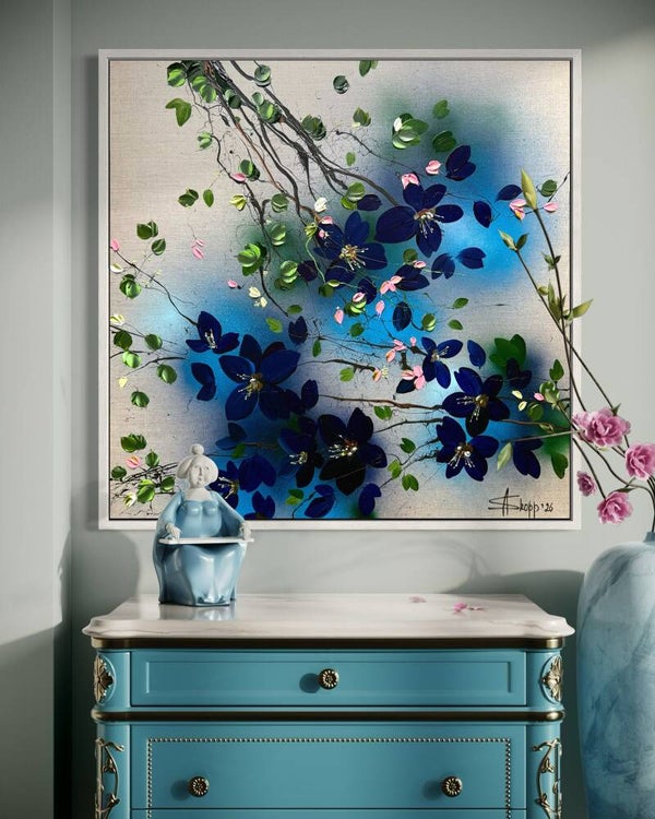 Indigo Blossoms - dark blue flowers on linen canvas, 80 × 80 × 2 cm 31.5 × 31.5 × 0.8 inches