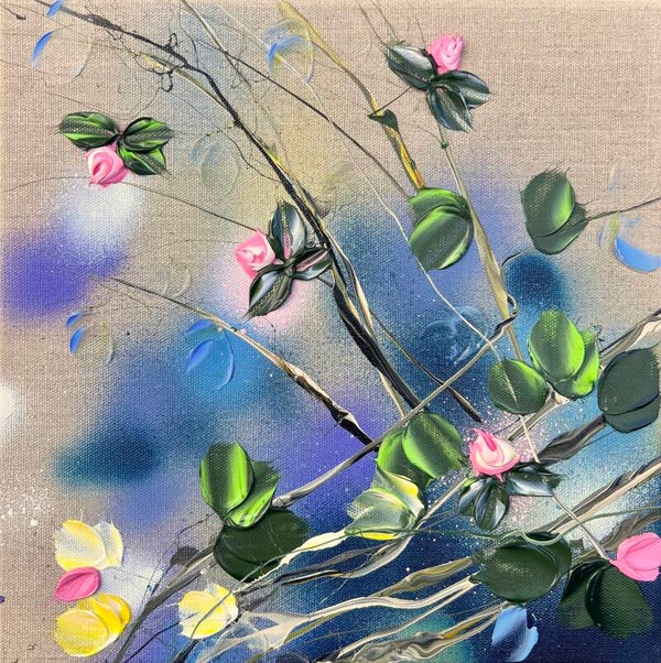 "A Piece of Garden" pink roses on linen canvas, 30x30x4 cm