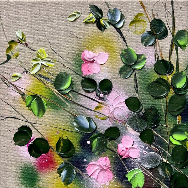 Garden Flowers II - textured impressionistic small art, 30x30x4 cm