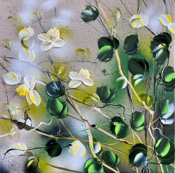 Garden Flowers III - impressionistic yellow roses,30x30x4cm