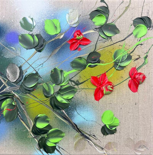Garden Flowers V - small painting with red impressionistic roses, 30x30x4 cm
