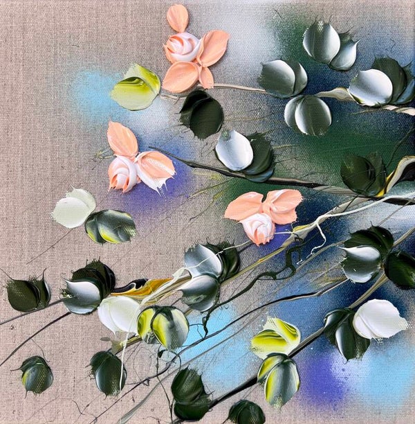 Garden Flowers VIII - flowers on linen canvas, 30x30x4 cm