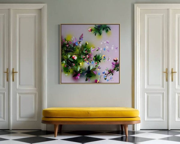 Original floral acrylic painting on canvas "Ash Pink Release" - 100 × 100 × 2 cm (39.4 × 39.4 × 0.8 in)