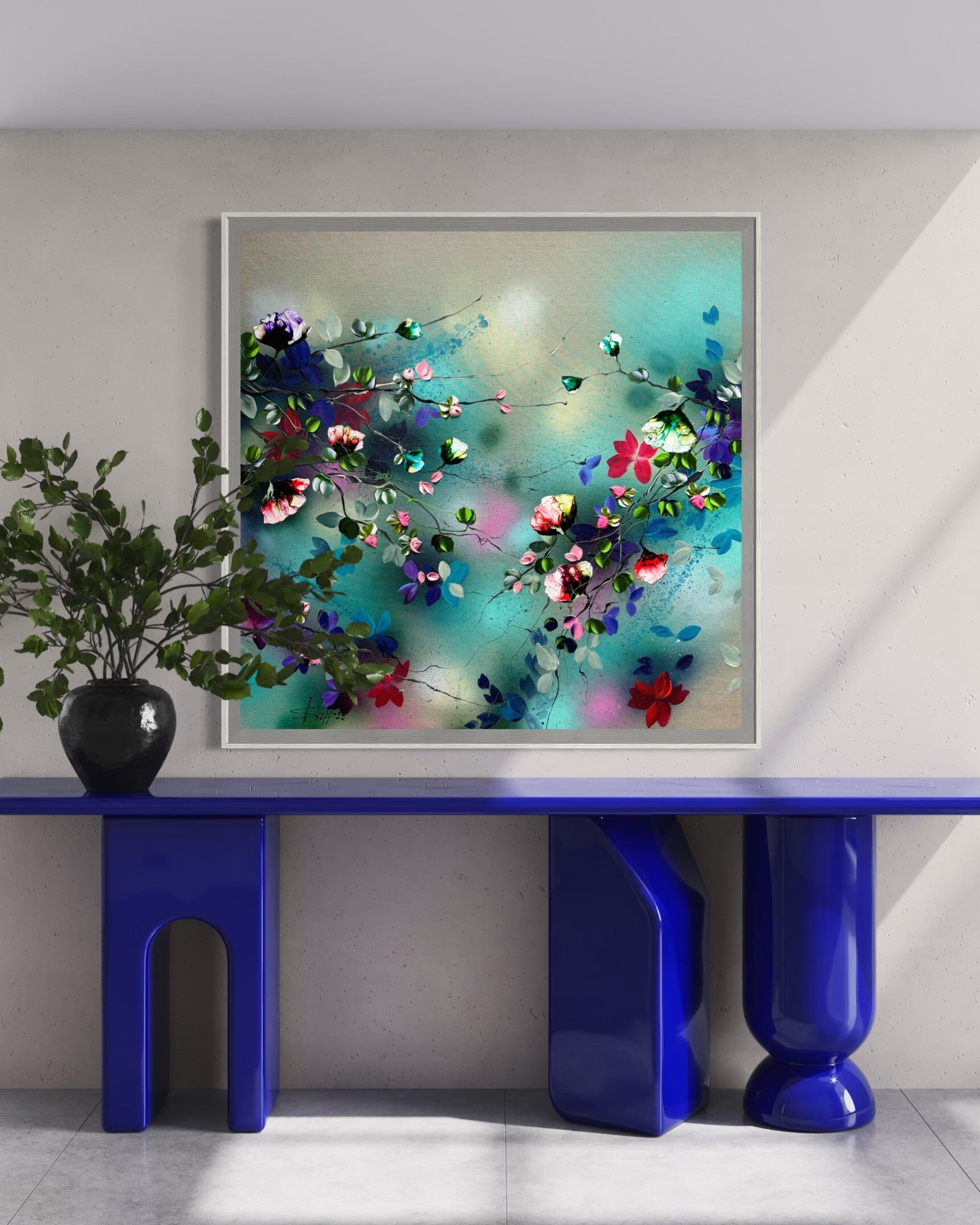 Large Floral Painting on Linen Canvas "Wabi-Sabi Fragments" - 96 × 96 × 2 cm (37.8 × 37.8 × 0.8 in)