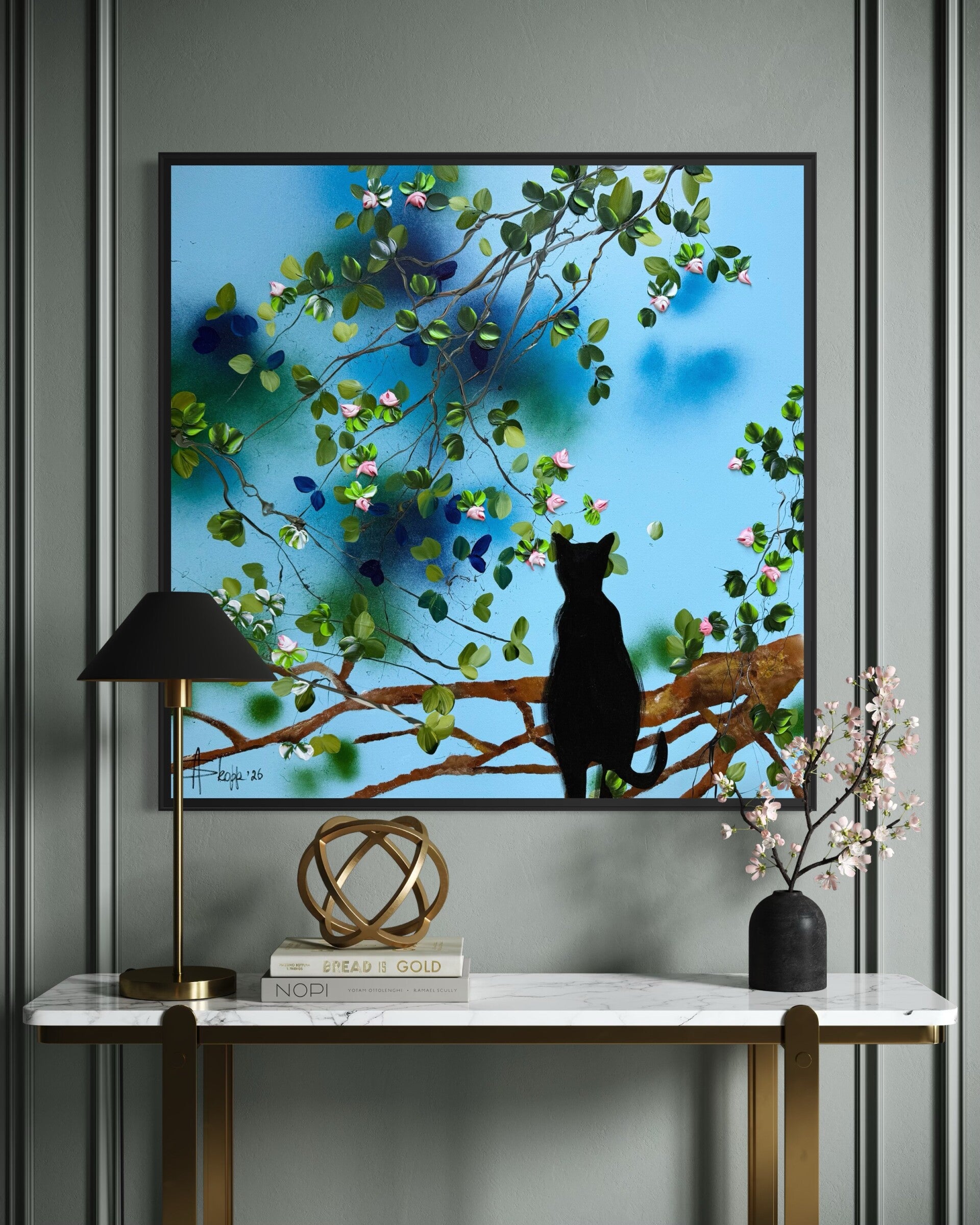 The Garden Cat - black cat, floral painting on canvas, 90 × 90 × 2 cm (35.4 × 35.4 × 0.8 in)