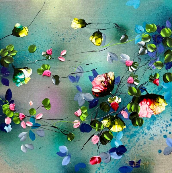 Contemporary Turquoise Floral Painting "Petal Drift" on Linen Canvas, 60 × 60 × 2 cm / 23,6 x 23,6 x 0,8 in