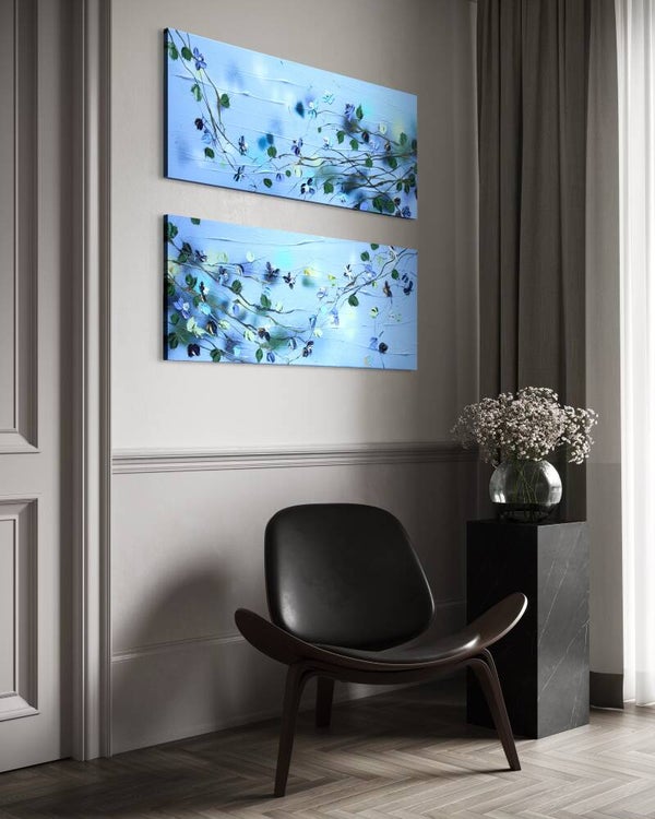 Blue Spring — Original Impasto Diptych, 2 × 40×100×4 cm (2 × 15.7×39.4×1.6 in)