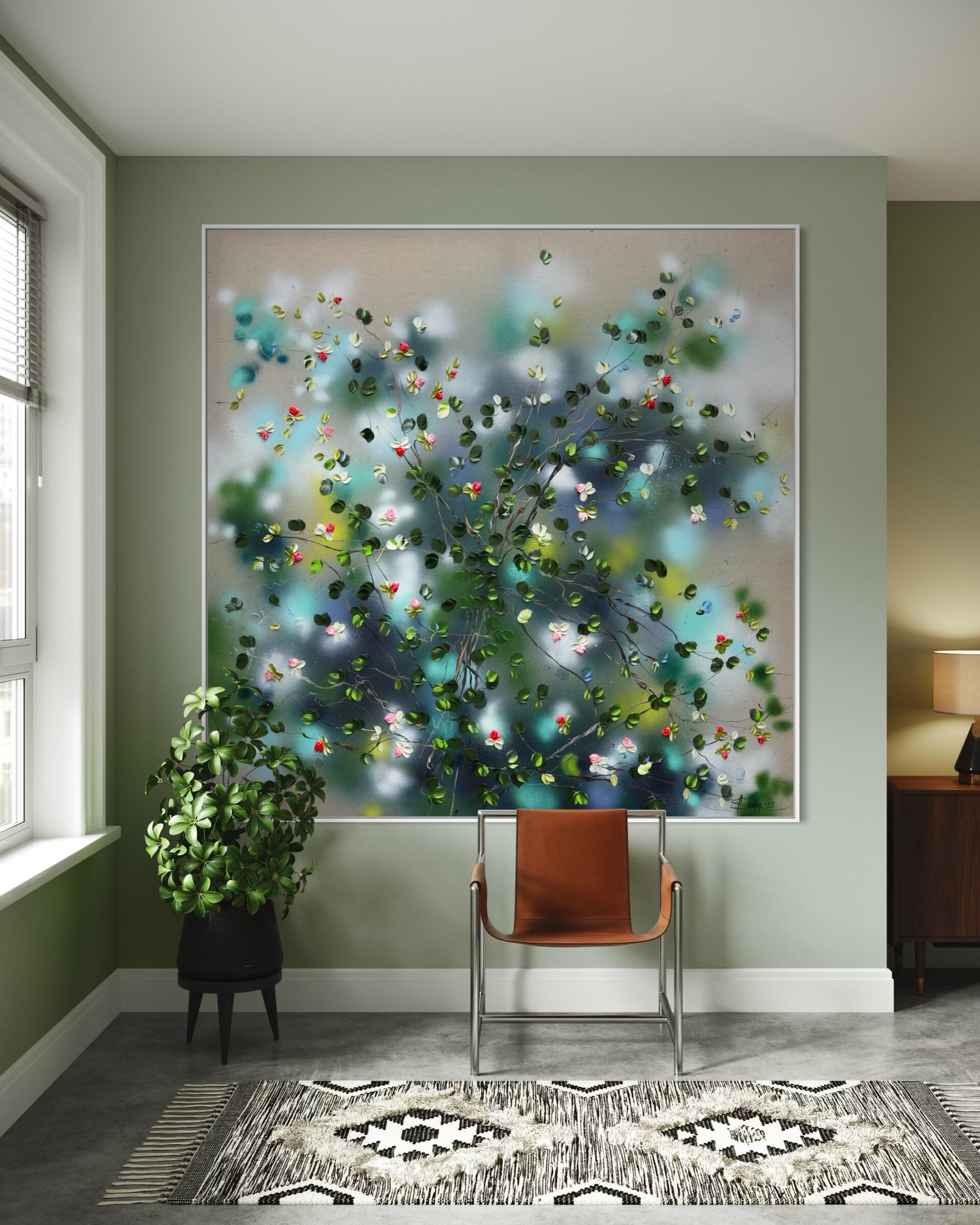 Calm Summer - extra large floral art on linen, ca. 145x145 cm/ 57x57 in