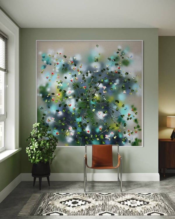 Calm Summer - extra large floral art on linen, ca. 145x145 cm/ 57x57 in