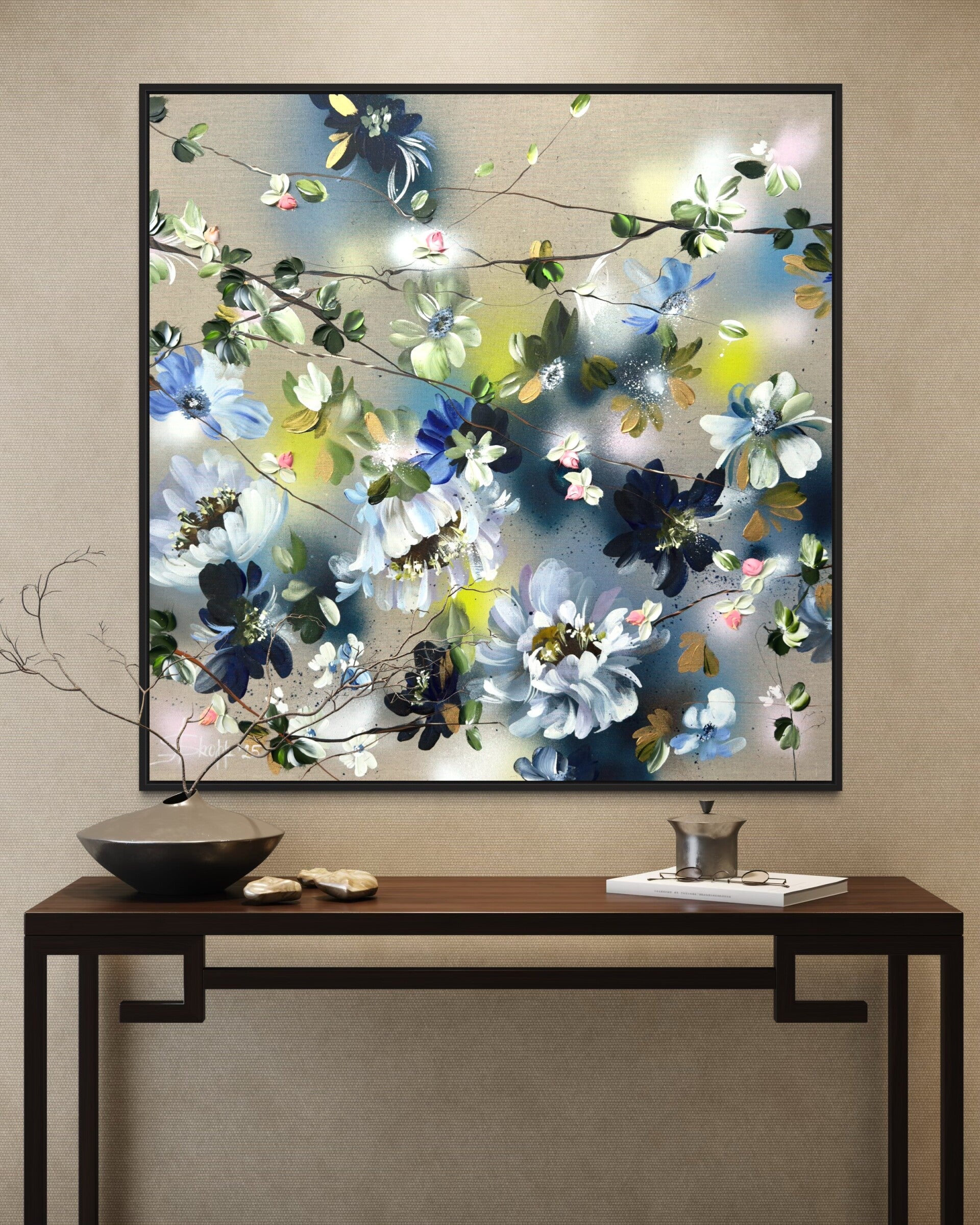 Movement -Roses II - floral art on linen canvas, 90x90x2 cm / 35.4x35.4x0.8 inches