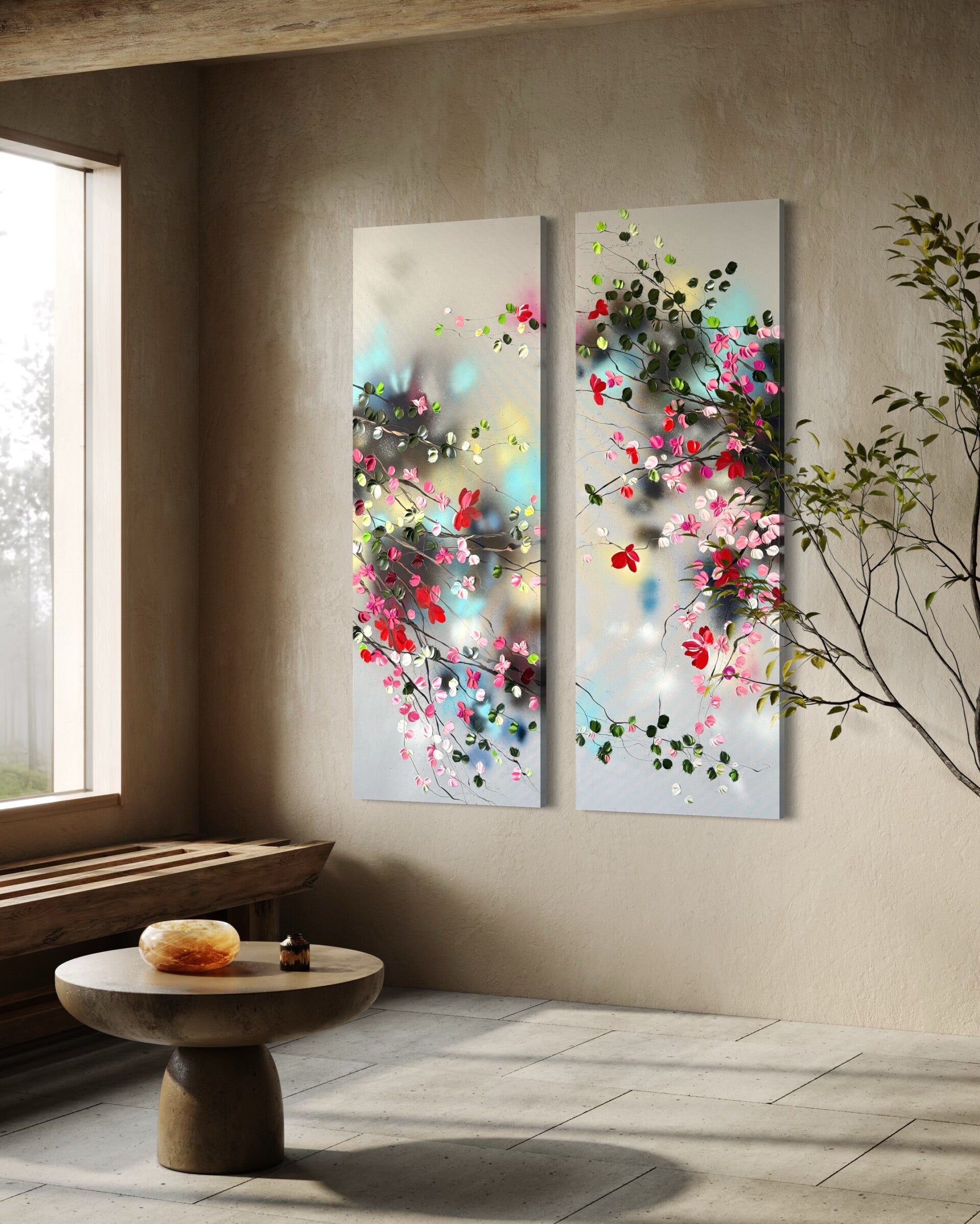 "Japanese Spring" large diptych on linen canvas 112x152x4cm/ 44x60x1,8 in