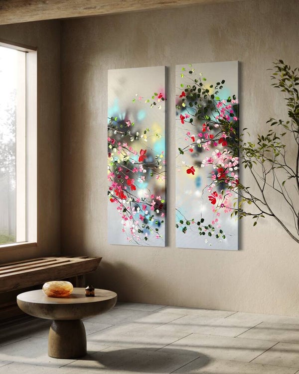 "Japanese Spring" large diptych on linen canvas 112x152x4cm/ 44x60x1,8 in