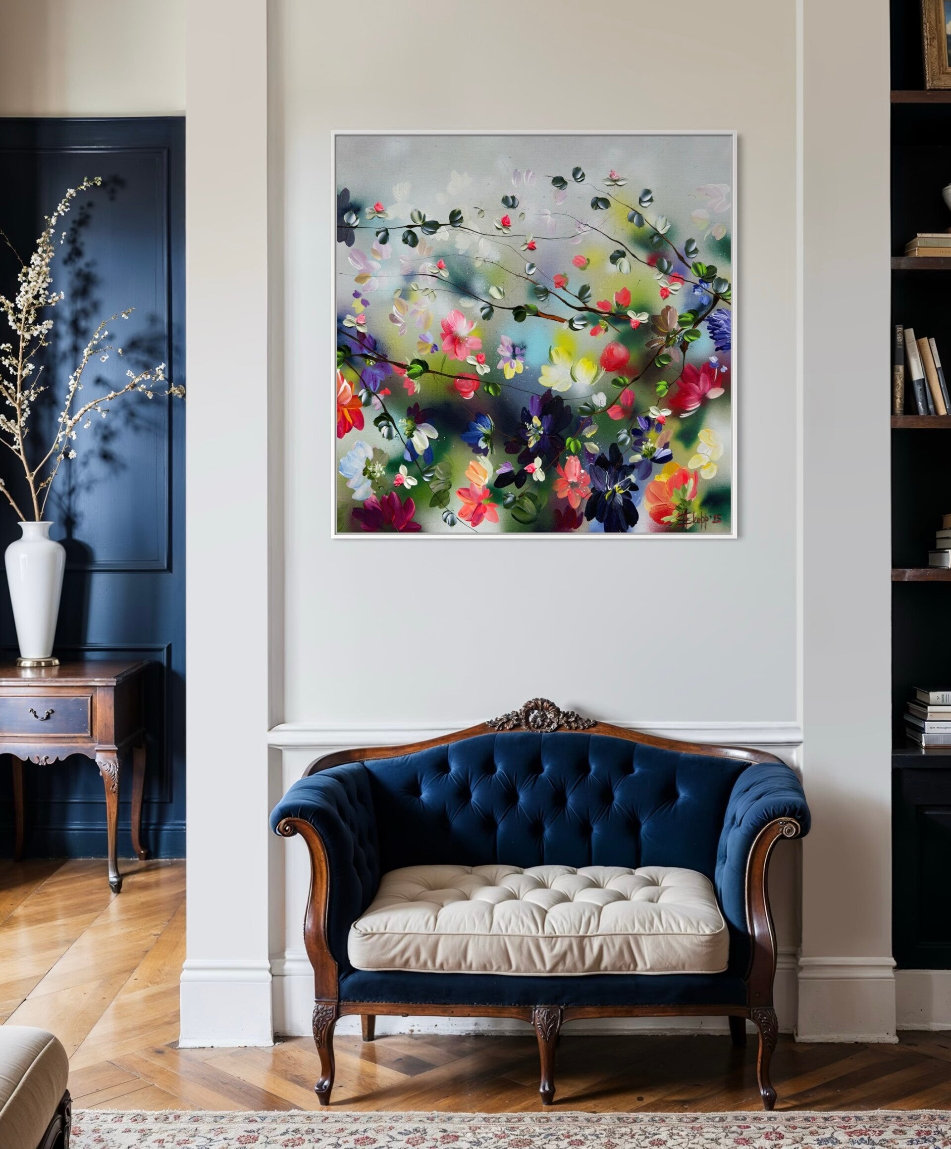 "Kaori VII" - floral colorful painting on linen, 90x90x2 cm (35.4 x 35.4 x 0.8 inches)