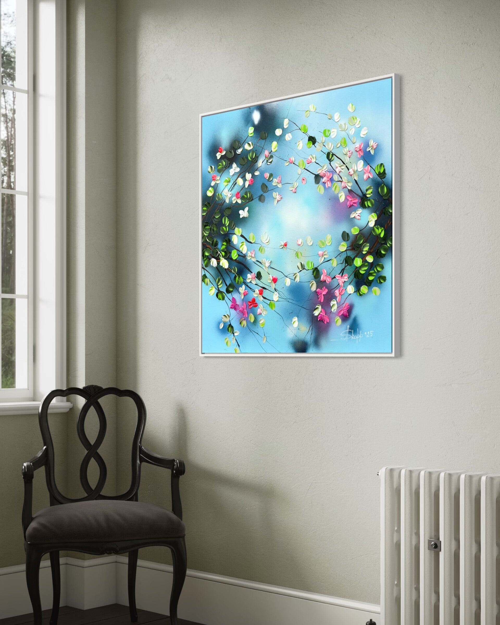 Romantic Moment I -90 × 90 × 2 cm /35,4x35x4x0,8 in, blue pink floral textured art