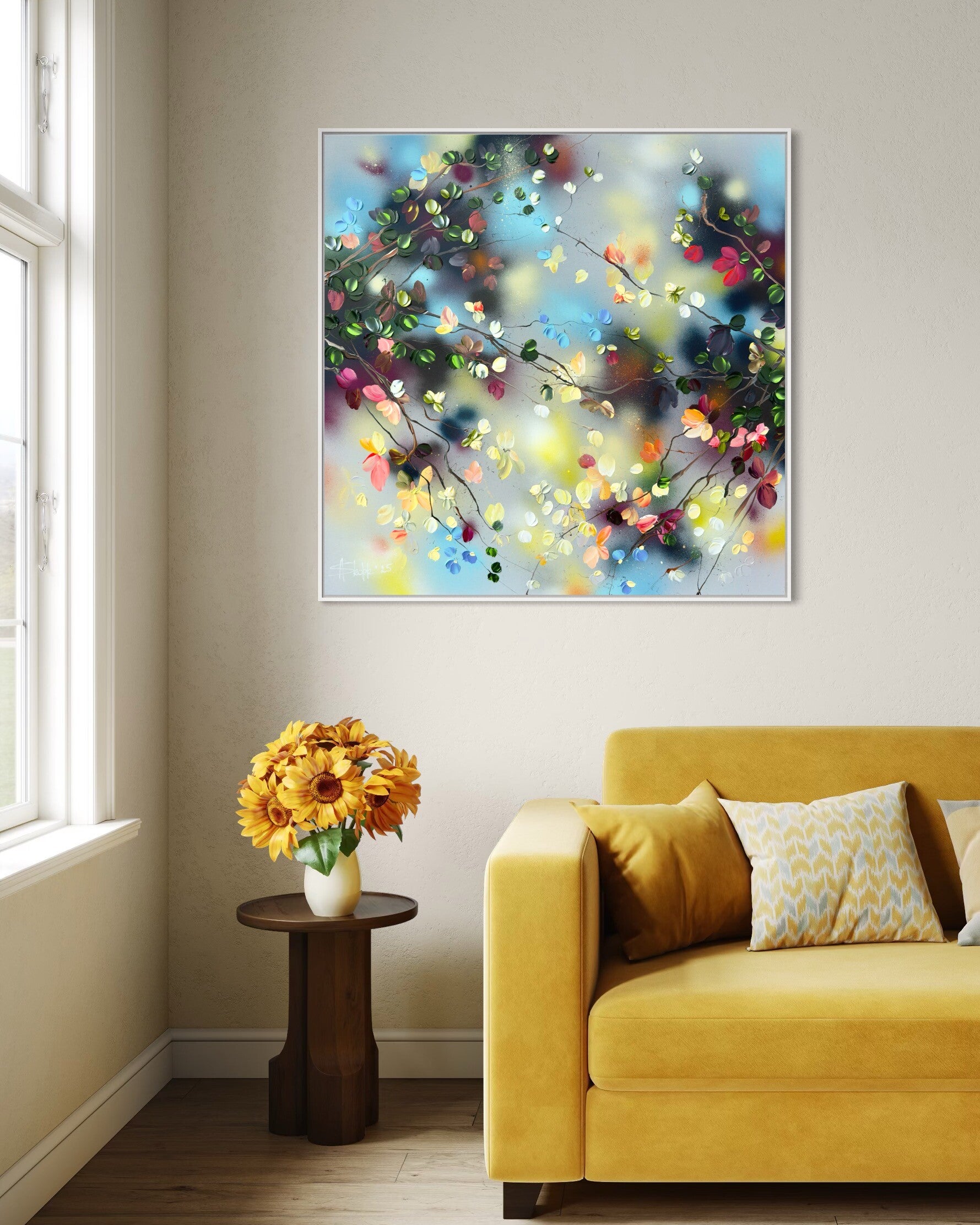 Silent Radiance - colorful painting with yellow and pink roses, 100 x 100 x 2 cm/ 39,4 x 39,4 x 0,8 inches