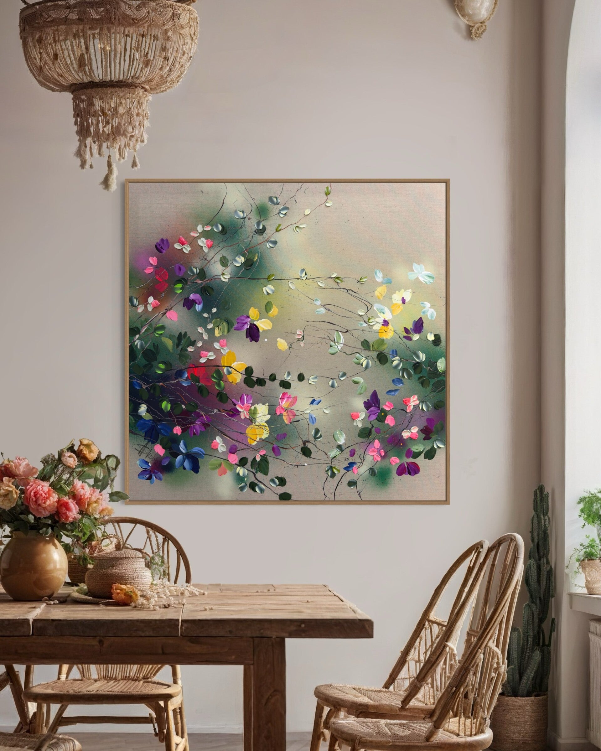 "Ethereal Drift" - 100 x 100 x 4 cm / 39.4 x 39.4 x 1.6 inches, flowers on linen