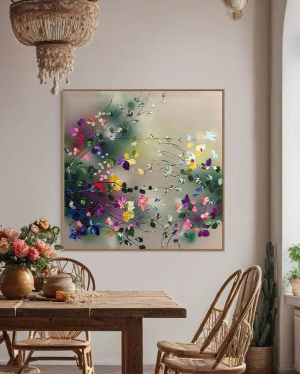 "Ethereal Drift" - 100 x 100 x 4 cm / 39.4 x 39.4 x 1.6 inches, flowers on linen
