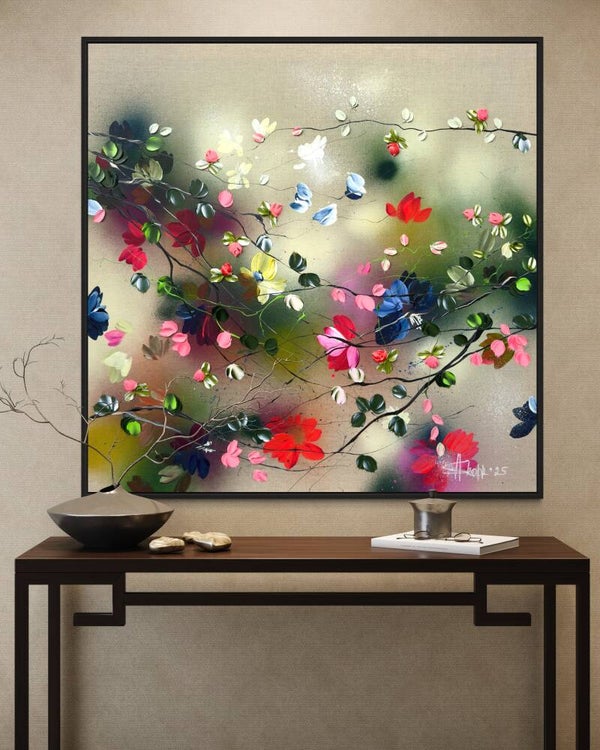 Potpourri - 90 × 90 × 2 cm /35,4x35x4x0,8 in, very colorful floral art on linen canvas
