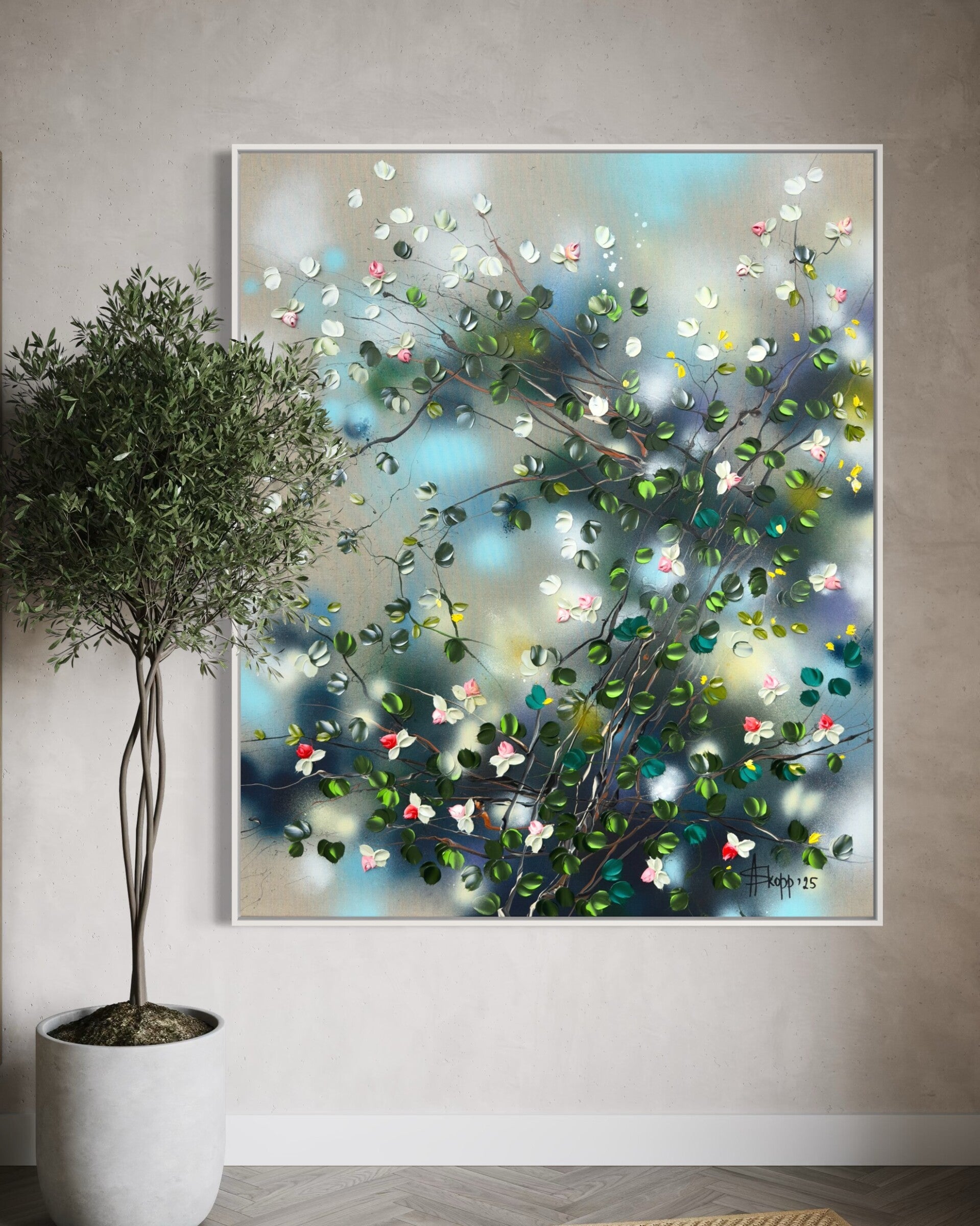 Rose Bush II - large acrylic painting on linen canvas, 120x100x4 cm (47,2x39,4x1,6 in)