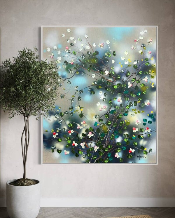 Rose Bush II - large acrylic painting on linen canvas, 120x100x4 cm (47,2x39,4x1,6 in)