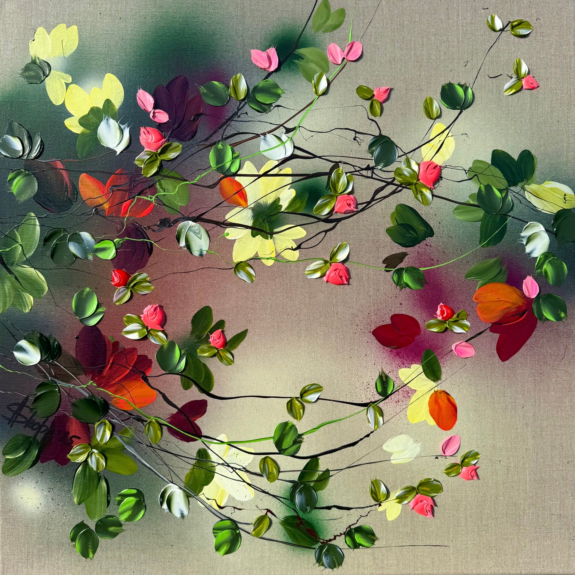 "Satori Blooms IV" floral colorful art on linen, 60 × 60 × 2 cm (approx. 23,6 x 23,6 × 0.8 in)