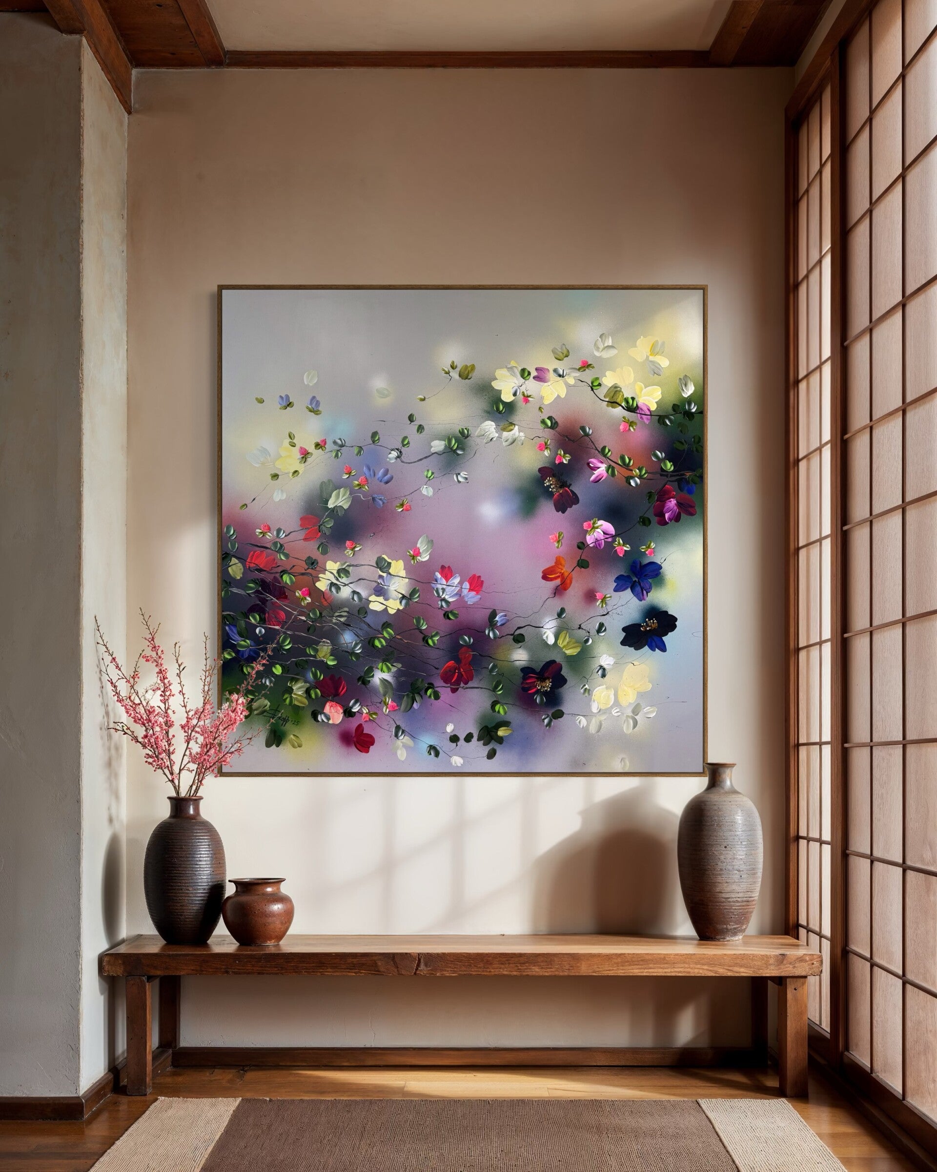 "Japanese Air" - extra large floral painting on cotton canvas ,155x155 cm / 61x61 in, on stretcher 145x145 cm / 57x57 in