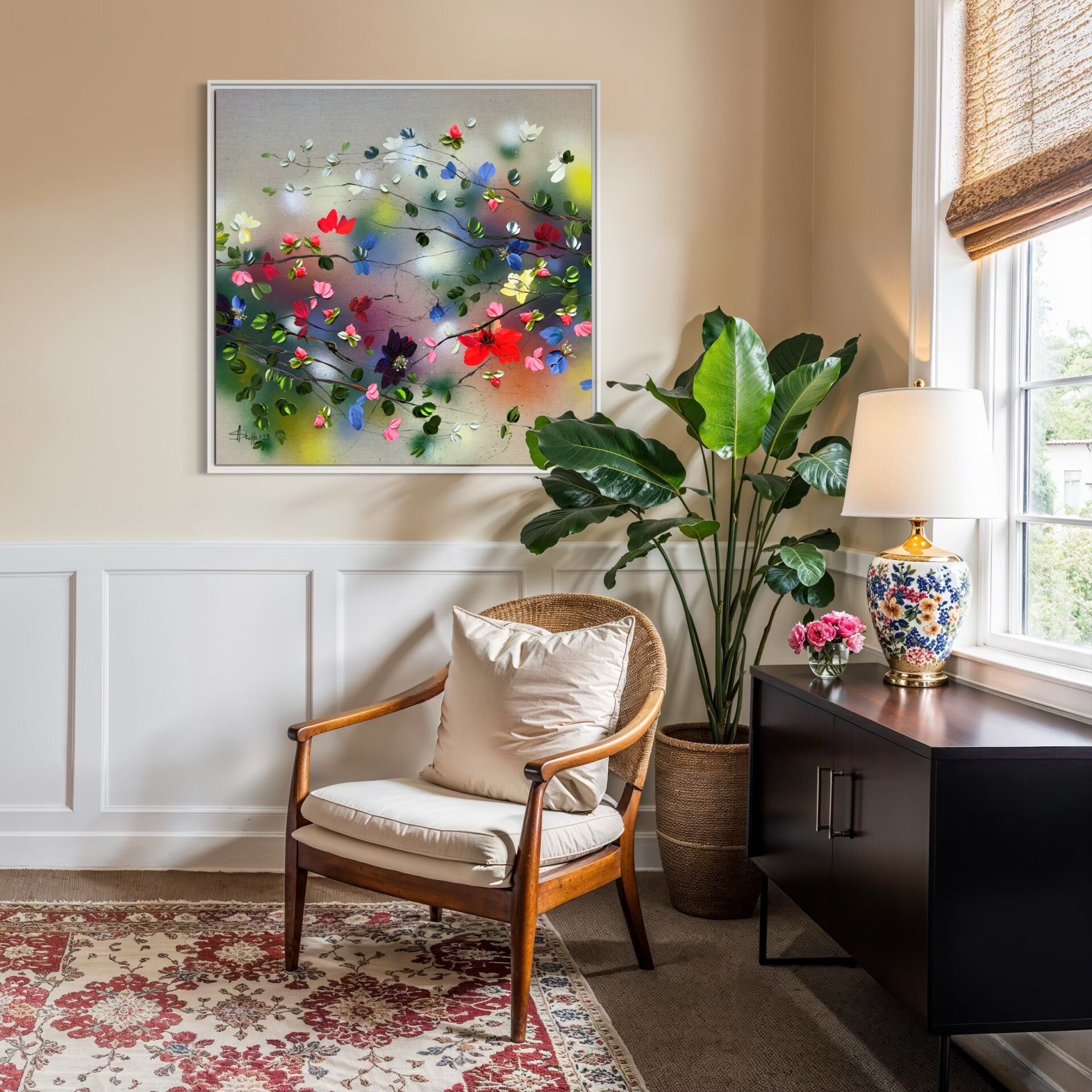 Potpourri I - colorful large floral painting (90 × 90 × 2 cm /35,4x35x4x0,8 in)