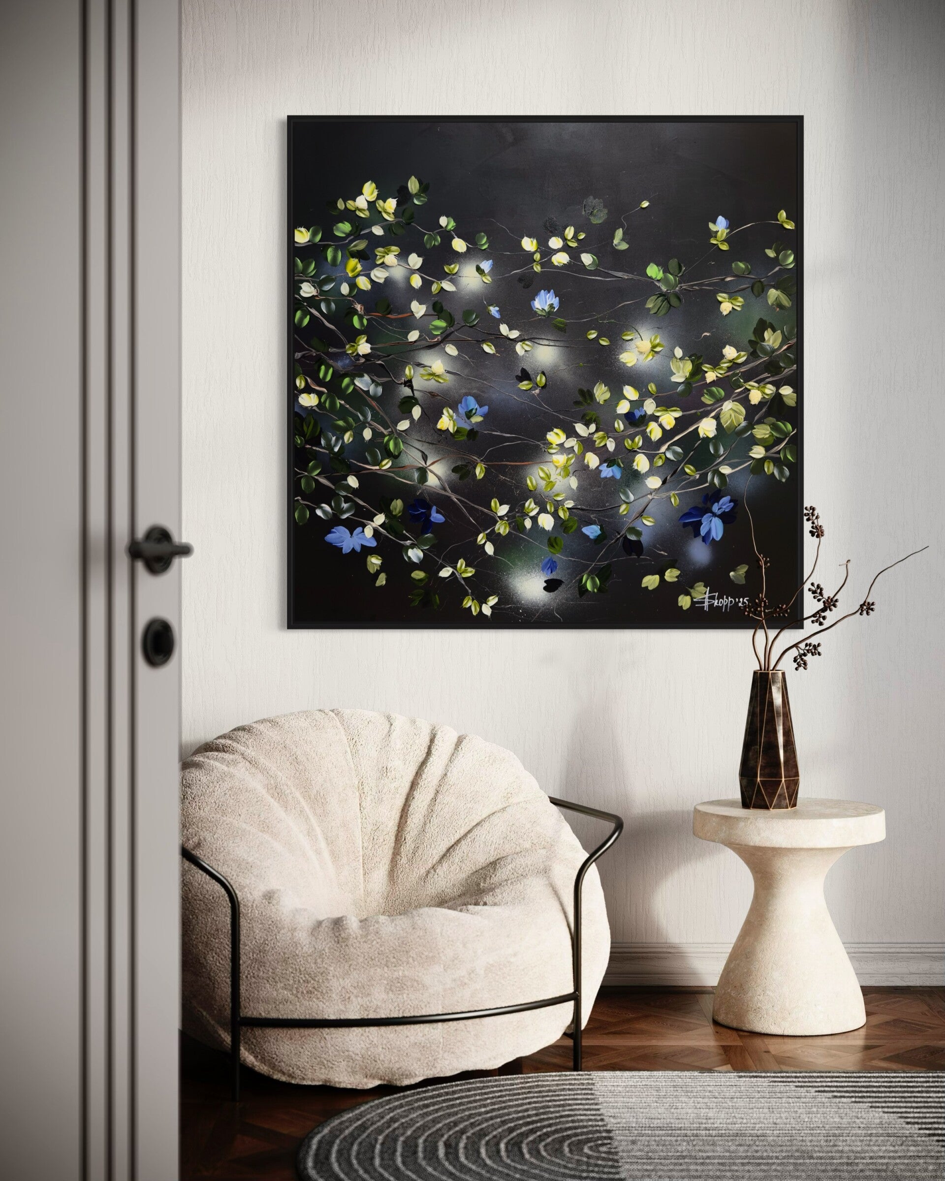 "Garden at Night" - dark/black large floral art, 100 × 100 × 2 cm (39.4 × 39.4 × 0.8 in)