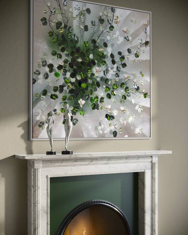 Petals in Light - green white floral art on linen, 80 × 80 × 2 cm / 31.5 × 31.5 × 0.8 in