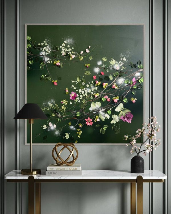 Whispers in Green - dark green floral painting, 90 × 90 × 2 cm / 35.4 × 35.4 × 0.8 in