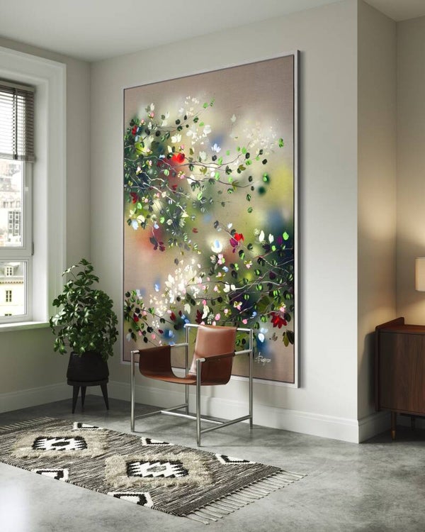 "Summer Garden" - very large floral painting on linen, 120 × 160 cm / 47.2 × 63 in