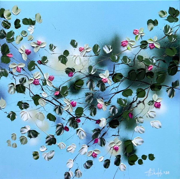 "Fresh Roses II" light blue floral art, 60x60cm
