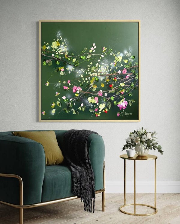 "Whispers in Green II" floral dark green painting on canvas, 90 × 90 × 2 cm / 35.4 × 35.4 × 0.8 in