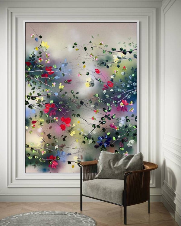 "Potpourri II" - very large floral painting on linen canvas, 120 × 160 cm / 47.2 × 63