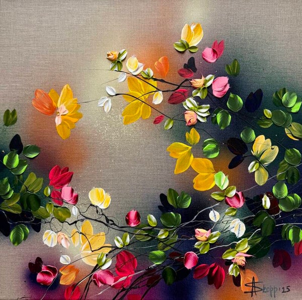 "Autumn Palette III"- colorful floral painting, 60 × 60 × 2 cm / 23.6 × 23.6 × 0.8 in