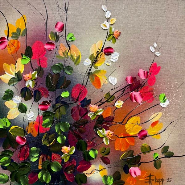 Autumn Palette II - colorful floral art, 60 × 60 × 2 cm / 23.6 × 23.6 × 0.8 in