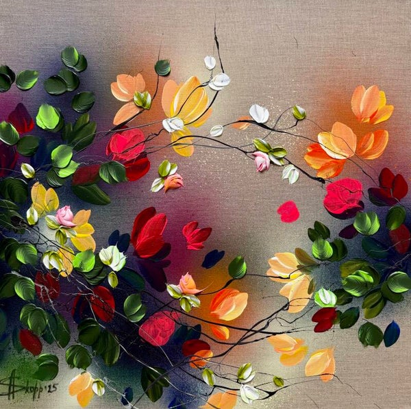 Autumn Palette I - colorful floral art, 60 × 60 × 2 cm / 23.6 × 23.6 × 0.8 in