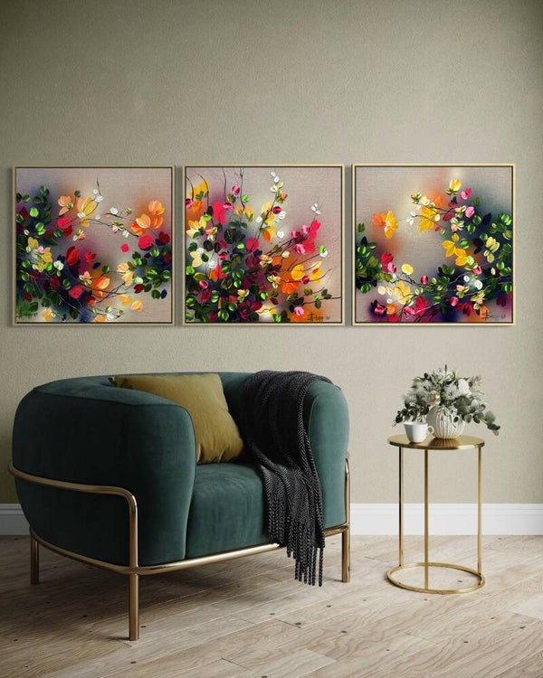 Autumn Palette – Triptych on linen, floral art,60 × 180 × 2 cm / 23.6 × 71 × 0.8 in