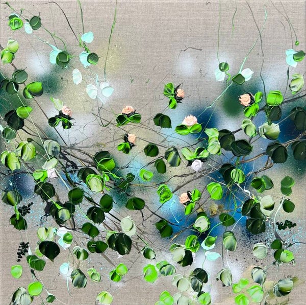 "Rest in Itself V" modern roses painting on linen, 50x50cm