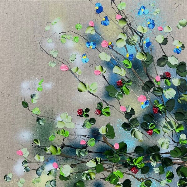 "Rest in Itself VI" impasto modern floral artwork on linen, 50x50cm
